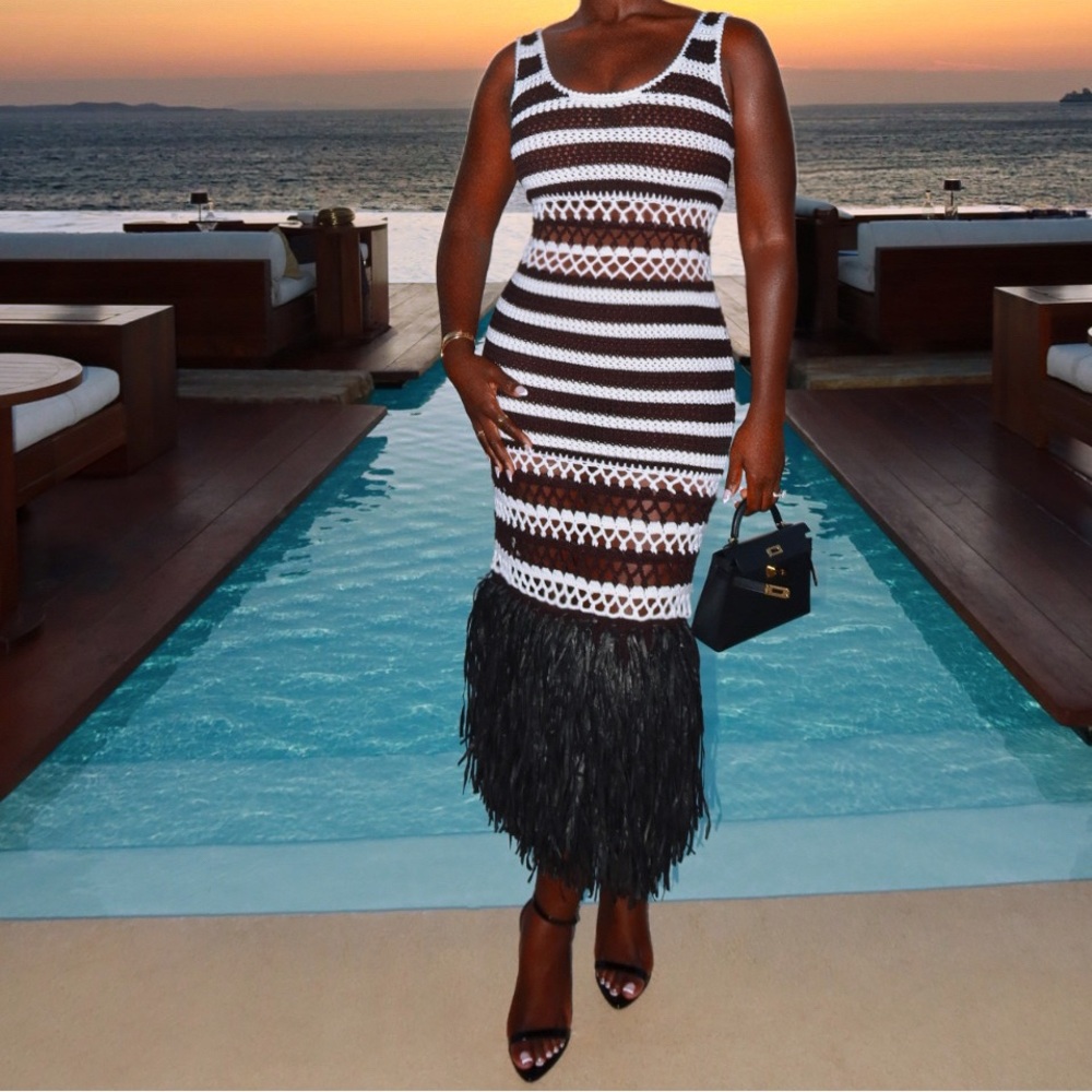 Hanifa Black and White Striped Knit Midi Dress with Feather Hem - Picture 3 of 3